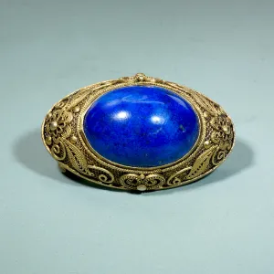 Opulent Chinese Lapis & Silver Gilt Filigree Brooch