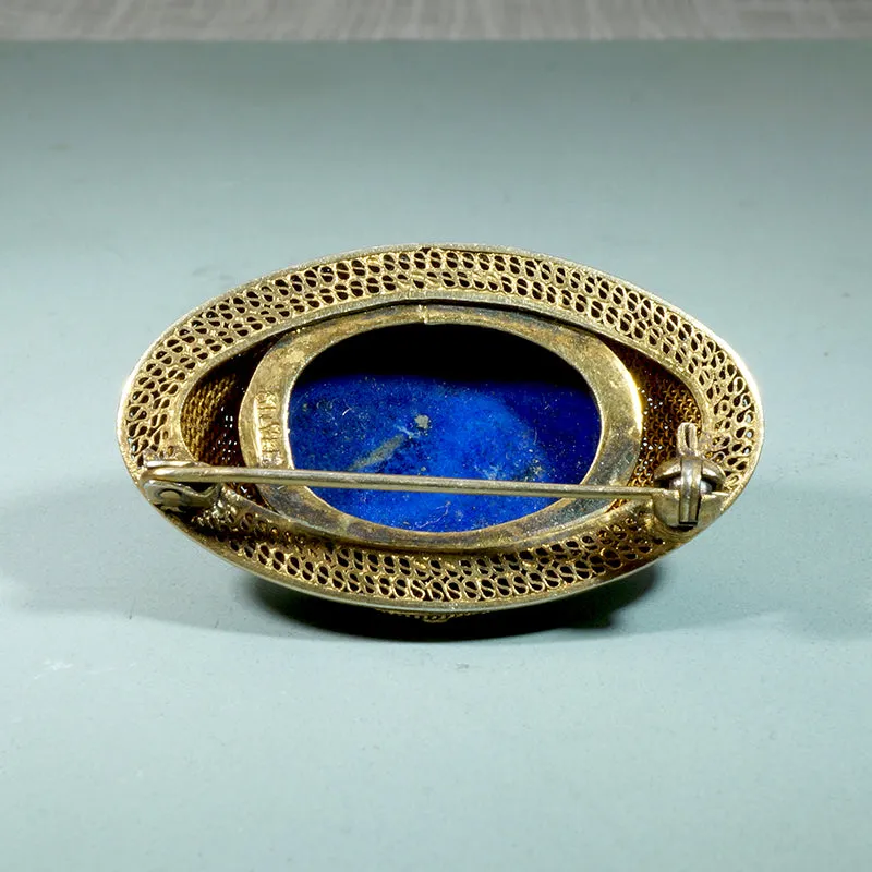 Opulent Chinese Lapis & Silver Gilt Filigree Brooch