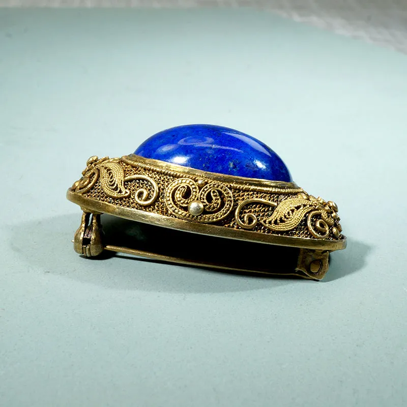 Opulent Chinese Lapis & Silver Gilt Filigree Brooch