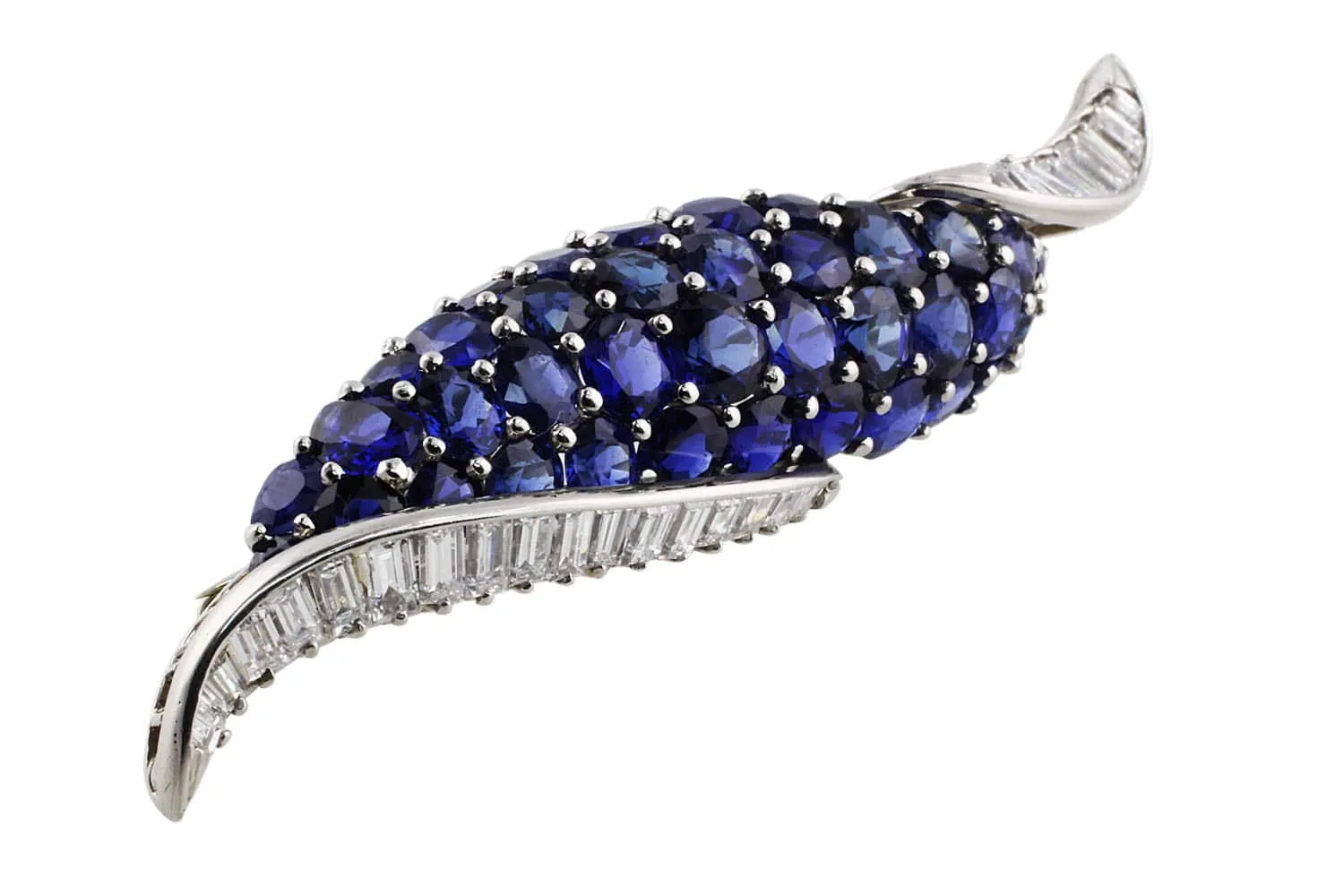 Oscar Heyman 18k White Gold Sapphire Diamond Scroll Brooch