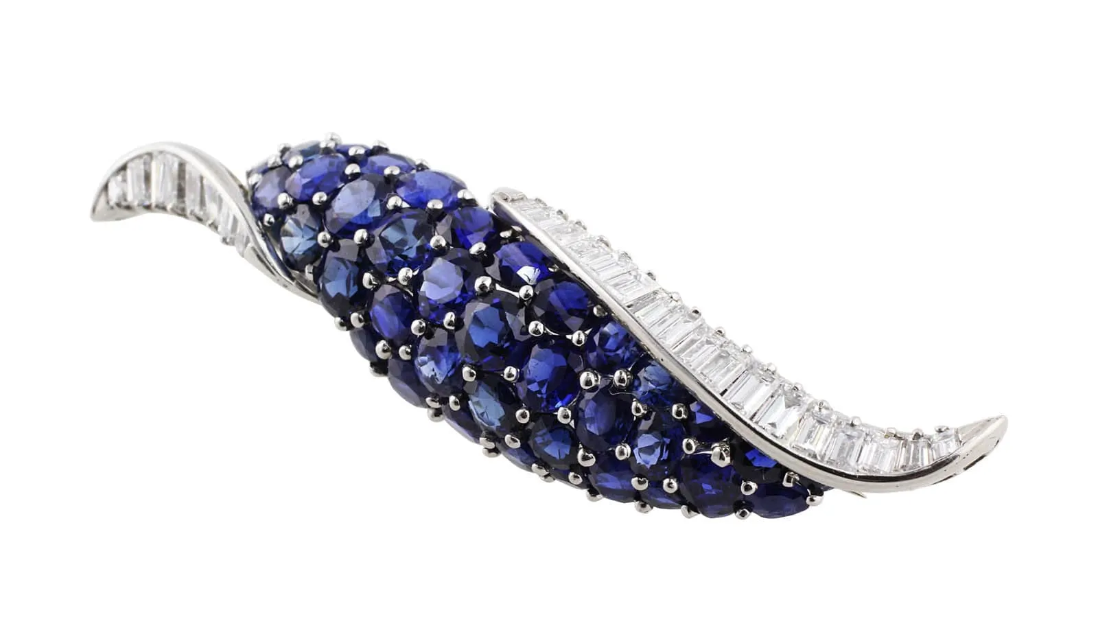 Oscar Heyman 18k White Gold Sapphire Diamond Scroll Brooch