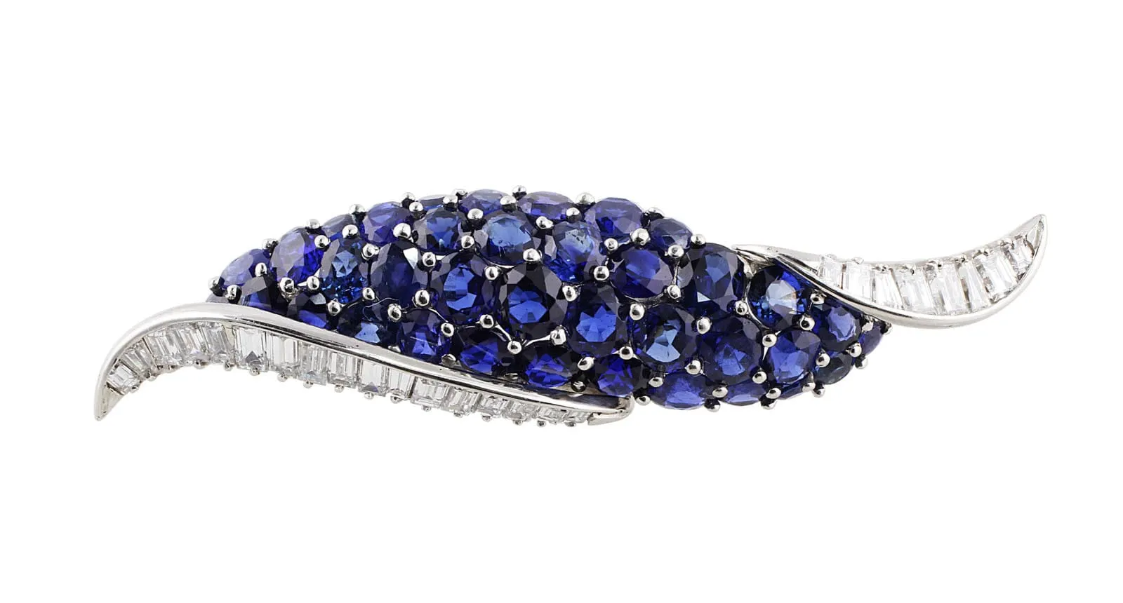 Oscar Heyman 18k White Gold Sapphire Diamond Scroll Brooch