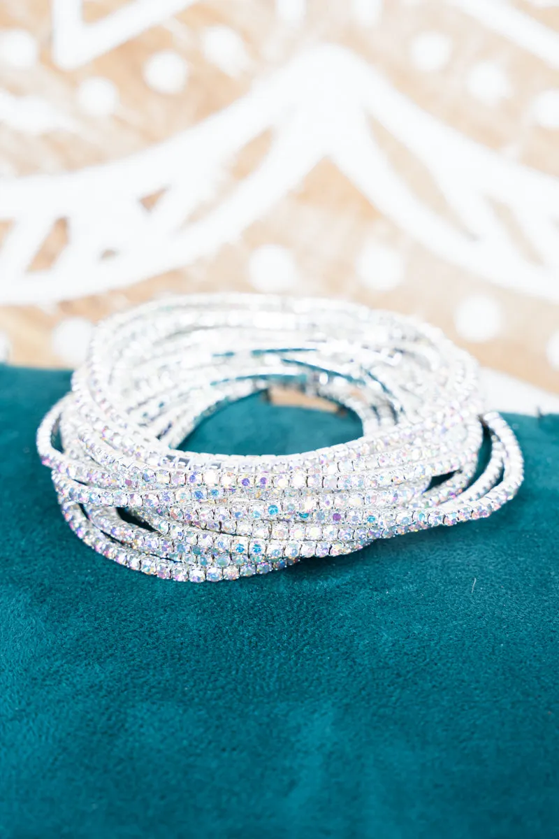 Over The Top Iridescent 2mm Silvertone Tennis Bracelet Set