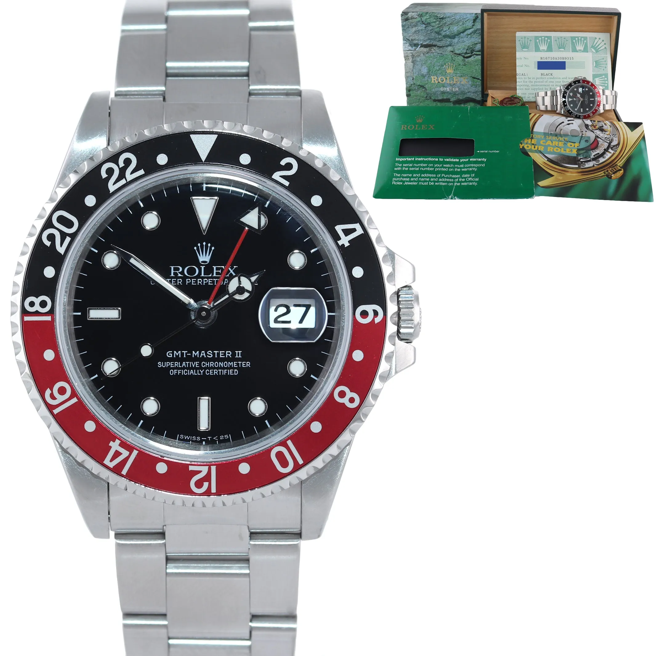 PAPERS Rolex GMT-Master II Coke Red Black Steel 16710a 40mm Watch Box