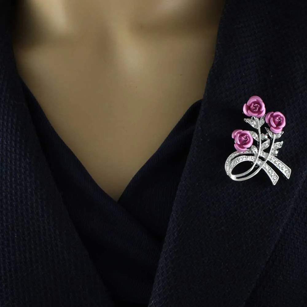 Pink Roses Brooch Pin with Rose Earring Gift Set - PRL421SBS