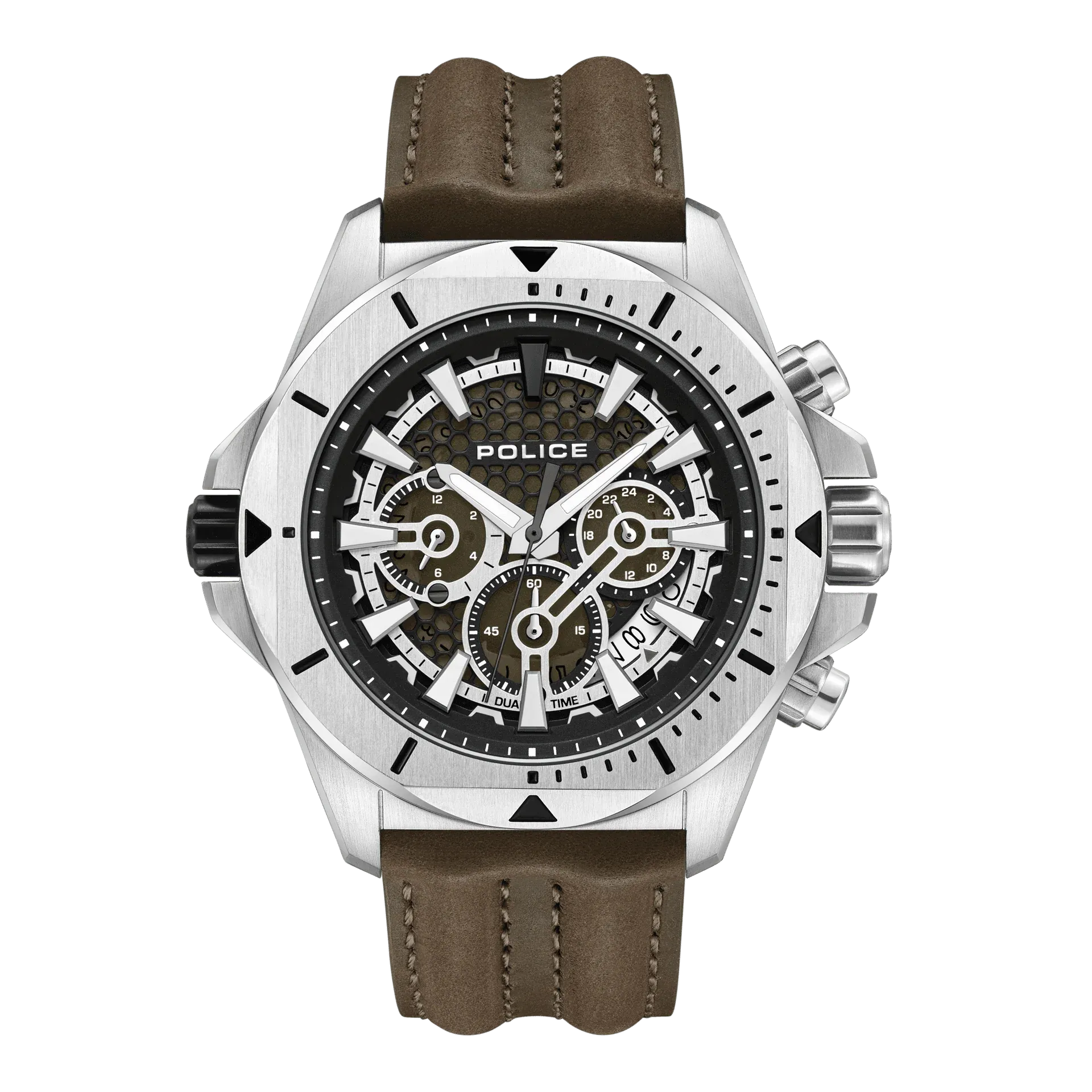 Police Electrical Gents Green Dial Brown Leather Strap Watch