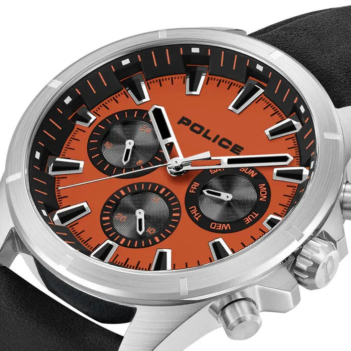 Police  Malawi Gents Matte Orange Dial Stainless Steel Steel Case Black Leather Starp Watch