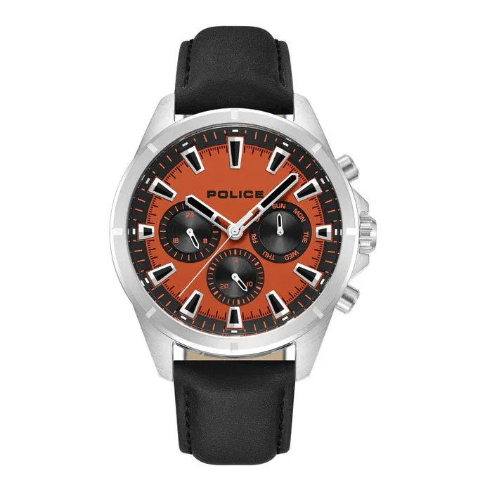 Police  Malawi Gents Matte Orange Dial Stainless Steel Steel Case Black Leather Starp Watch