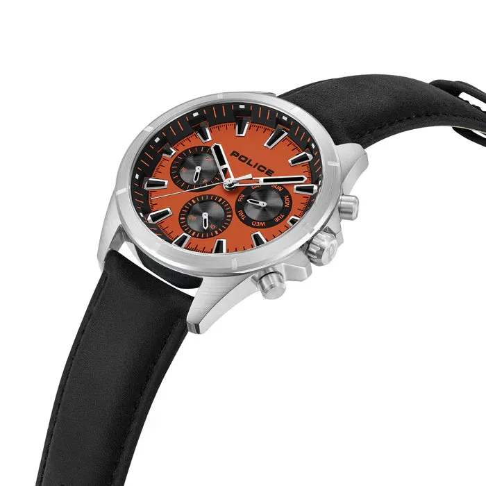 Police  Malawi Gents Matte Orange Dial Stainless Steel Steel Case Black Leather Starp Watch