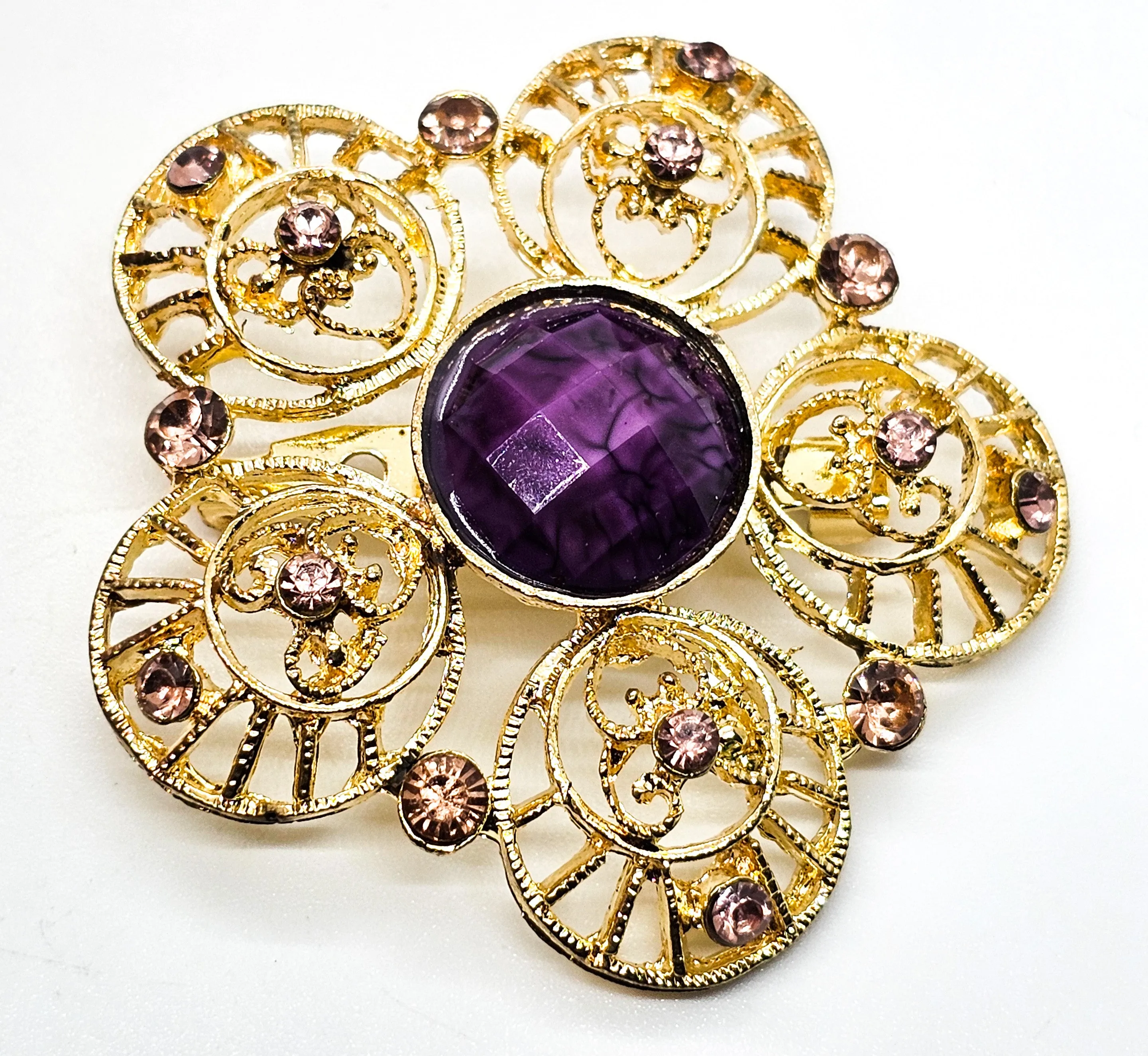 Purple and Gold vintage open work filigree flower floral brooch