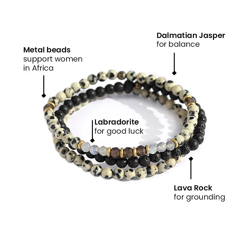 "Balance and Grounding" Dalmatian Jasper and Smoky Quartz Delicate Bracelet Stack
