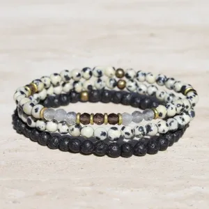 "Balance and Grounding" Dalmatian Jasper and Smoky Quartz Delicate Bracelet Stack