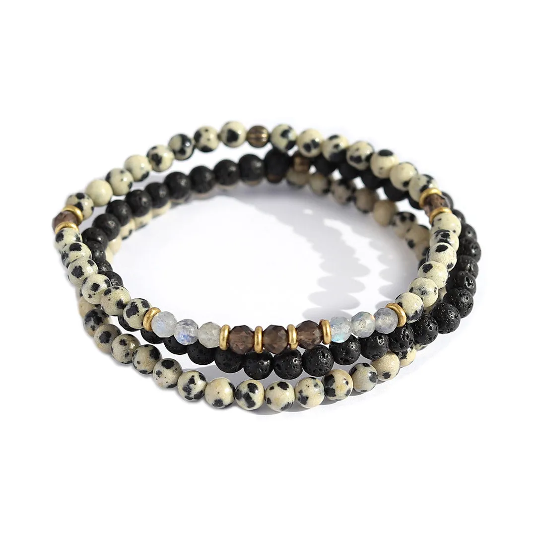 "Balance and Grounding" Dalmatian Jasper and Smoky Quartz Delicate Bracelet Stack