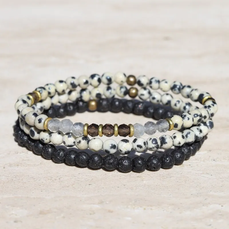 "Balance and Grounding" Dalmatian Jasper and Smoky Quartz Delicate Bracelet Stack
