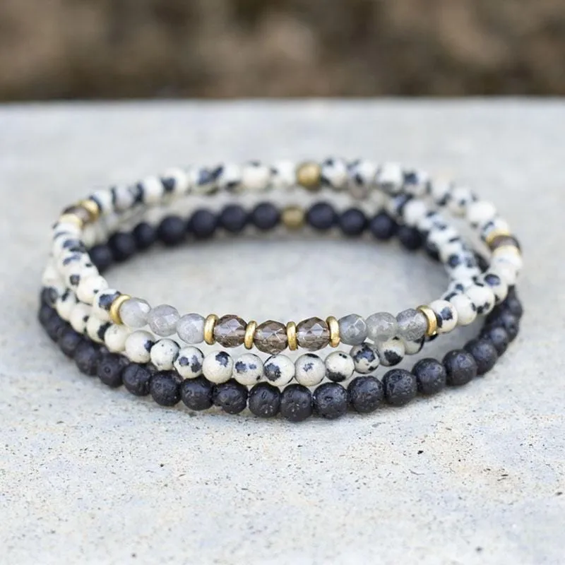 "Balance and Grounding" Dalmatian Jasper and Smoky Quartz Delicate Bracelet Stack