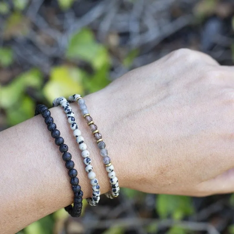 "Balance and Grounding" Dalmatian Jasper and Smoky Quartz Delicate Bracelet Stack