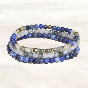 "Intuition and Strength" Sodalite Quartz Crystal and Pyrite Delicate Bracelet Stack