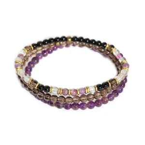 "Protection and Good Energy" Black Tourmaline Smoky Quartz and Amethyst Delicate Bracelet Stack