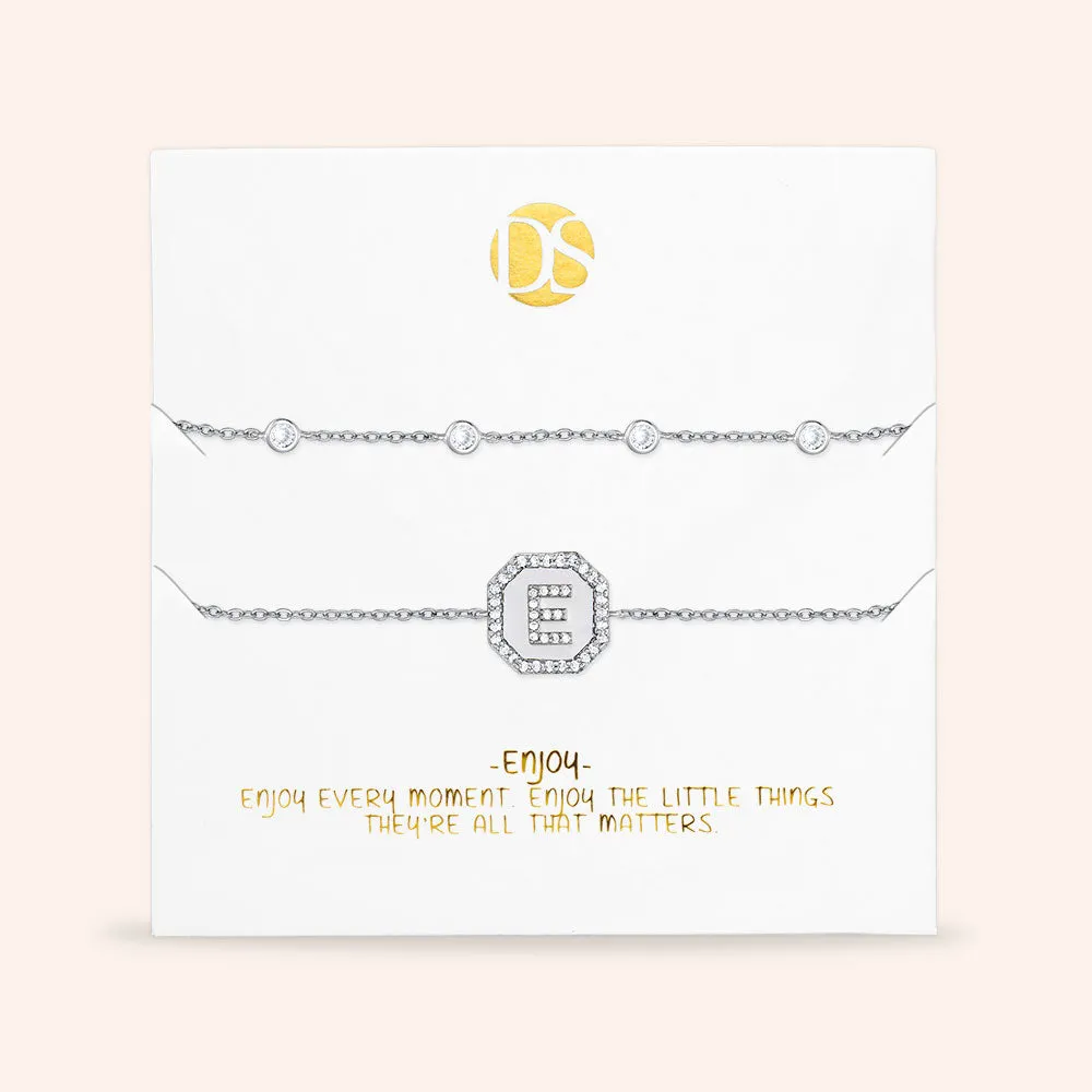 "Twin Token" Set of Two Initial Plate & Station Pull-tie Bracelets