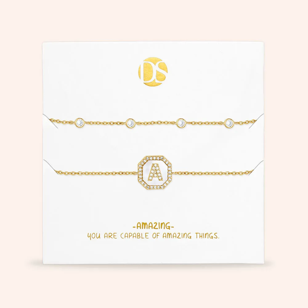 "Twin Token" Set of Two Initial Plate & Station Pull-tie Bracelets