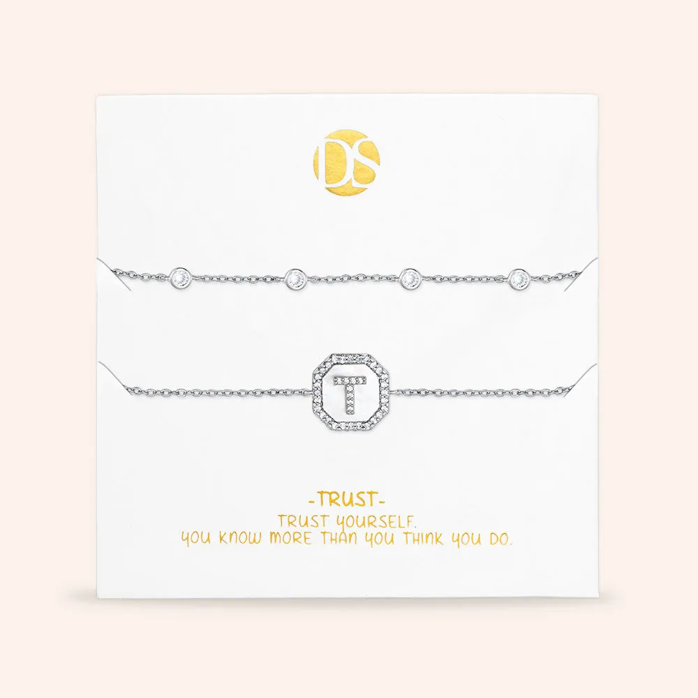 "Twin Token" Set of Two Initial Plate & Station Pull-tie Bracelets