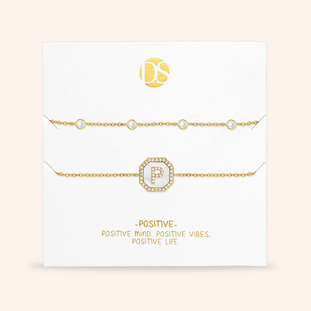 "Twin Token" Set of Two Initial Plate & Station Pull-tie Bracelets