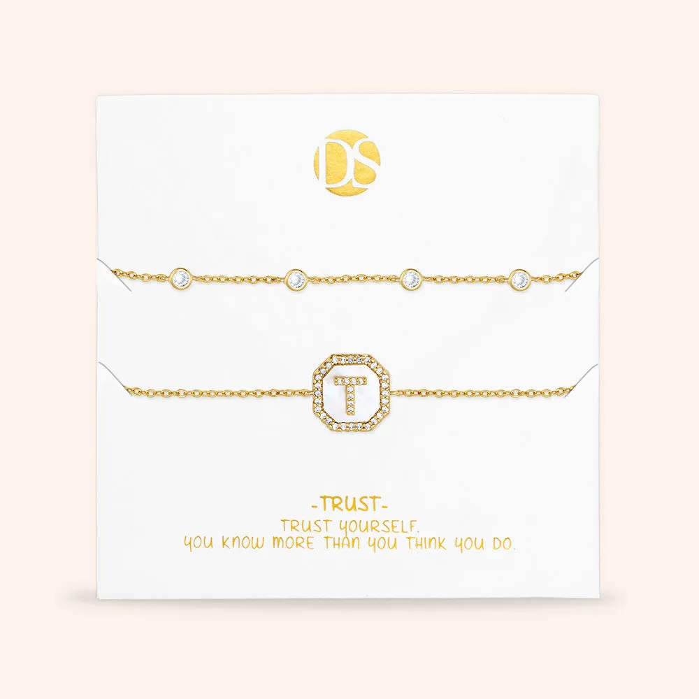 "Twin Token" Set of Two Initial Plate & Station Pull-tie Bracelets