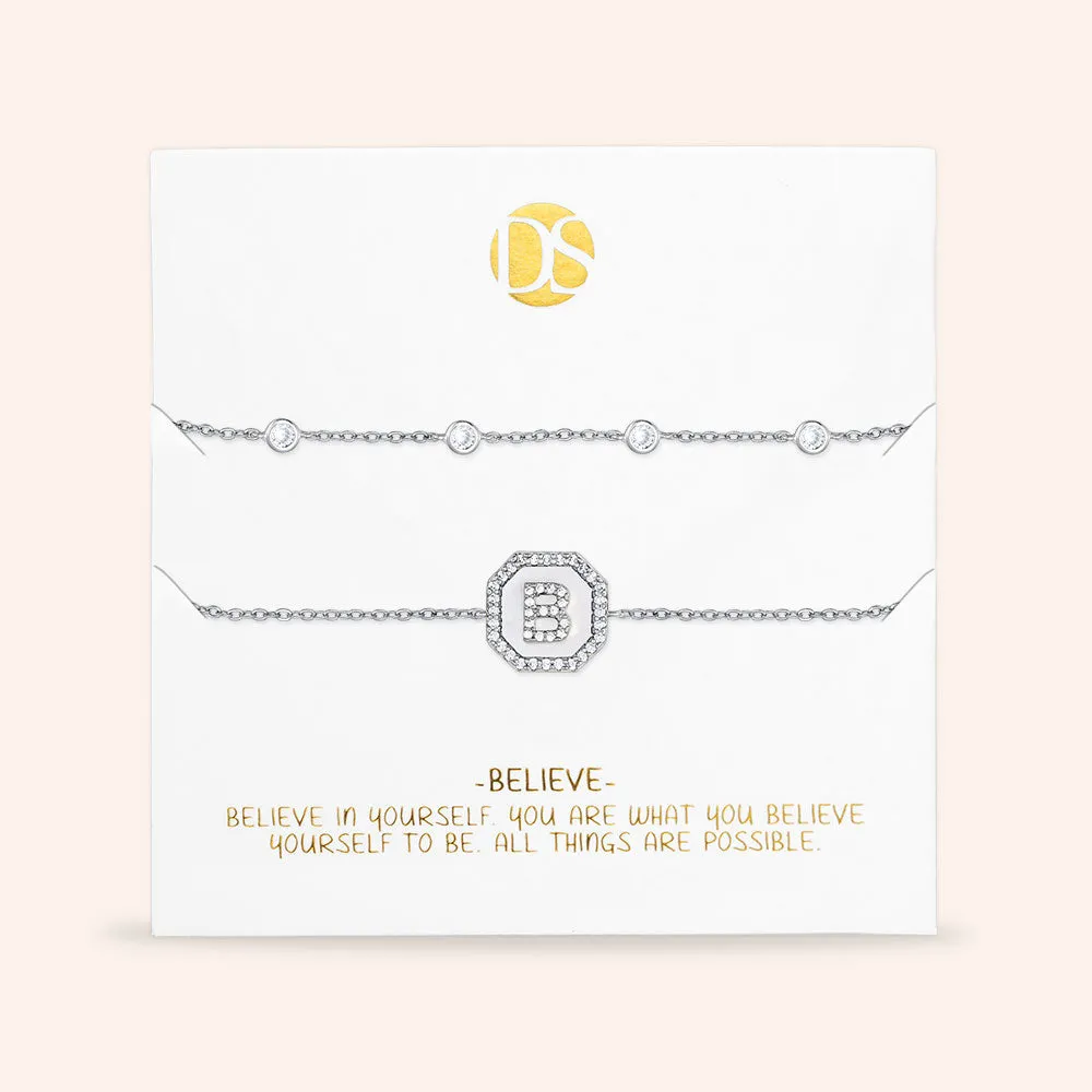 "Twin Token" Set of Two Initial Plate & Station Pull-tie Bracelets