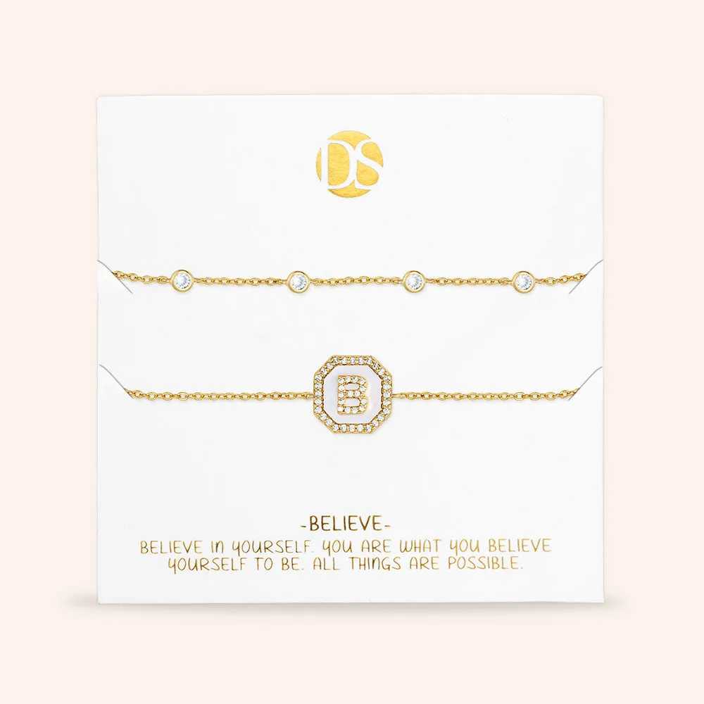 "Twin Token" Set of Two Initial Plate & Station Pull-tie Bracelets