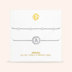 "Twin Token" Set of Two Initial Plate & Station Pull-tie Bracelets