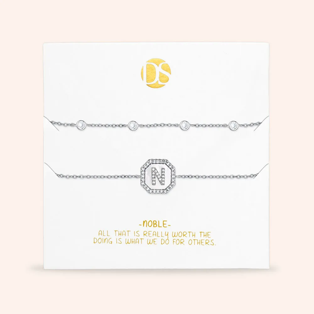"Twin Token" Set of Two Initial Plate & Station Pull-tie Bracelets