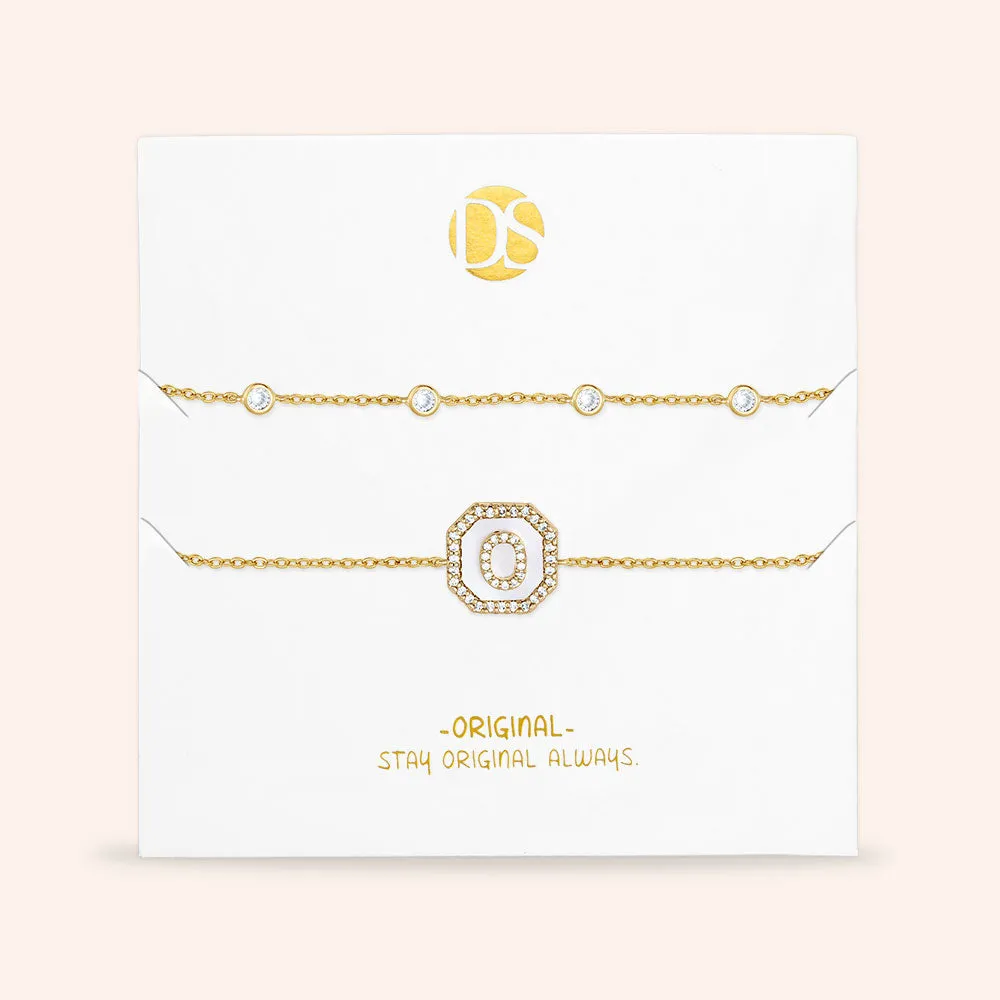 "Twin Token" Set of Two Initial Plate & Station Pull-tie Bracelets