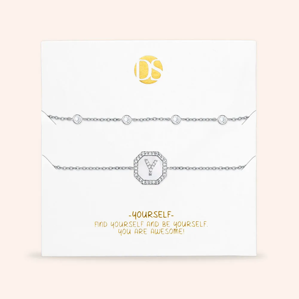 "Twin Token" Set of Two Initial Plate & Station Pull-tie Bracelets