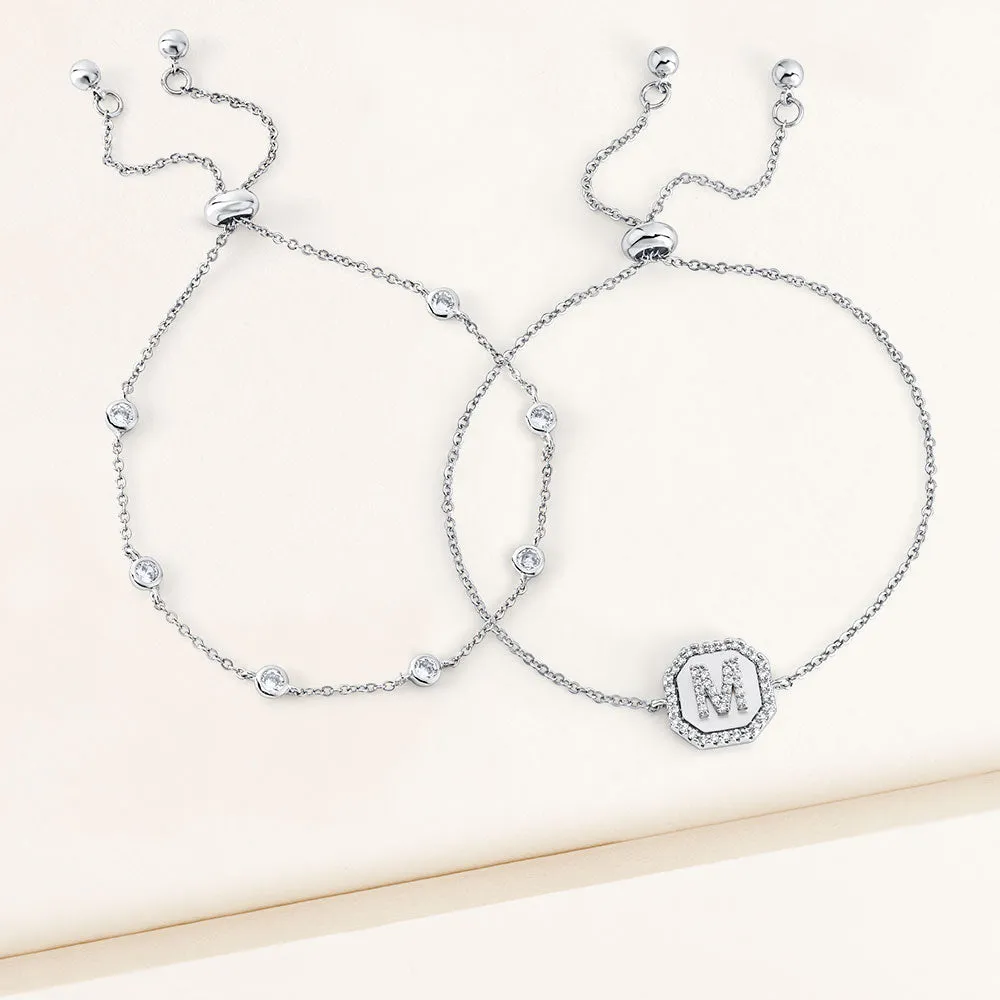 "Twin Token" Set of Two Initial Plate & Station Pull-tie Bracelets
