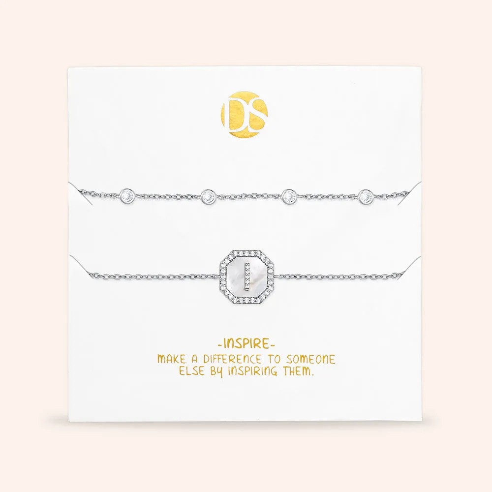 "Twin Token" Set of Two Initial Plate & Station Pull-tie Bracelets