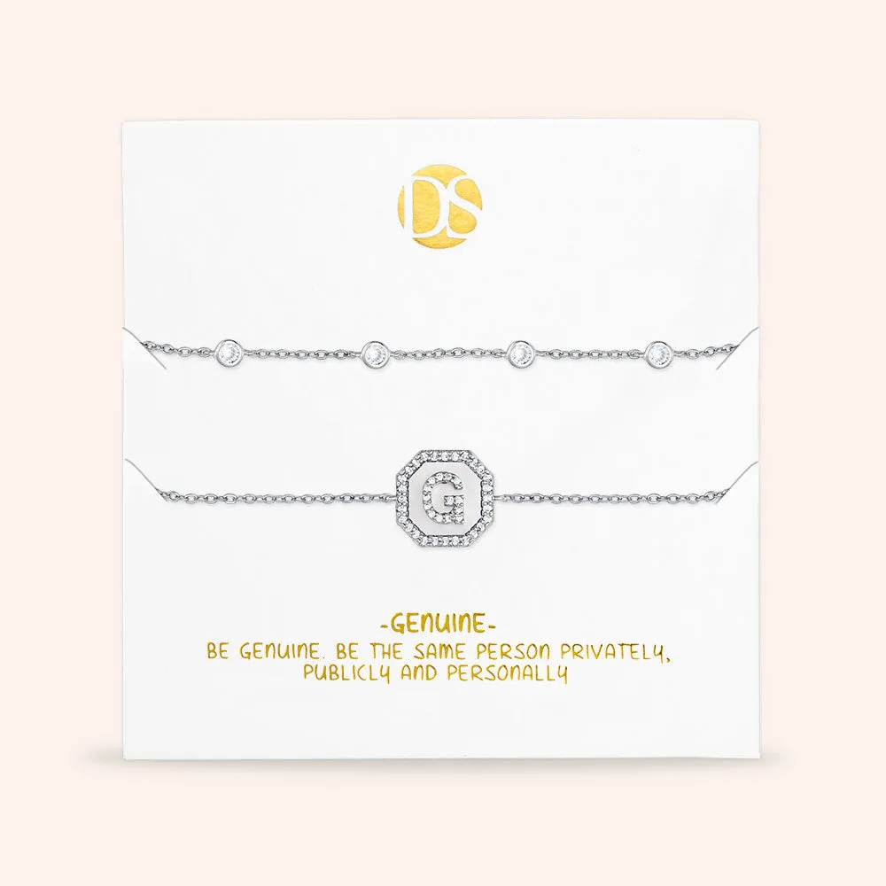 "Twin Token" Set of Two Initial Plate & Station Pull-tie Bracelets
