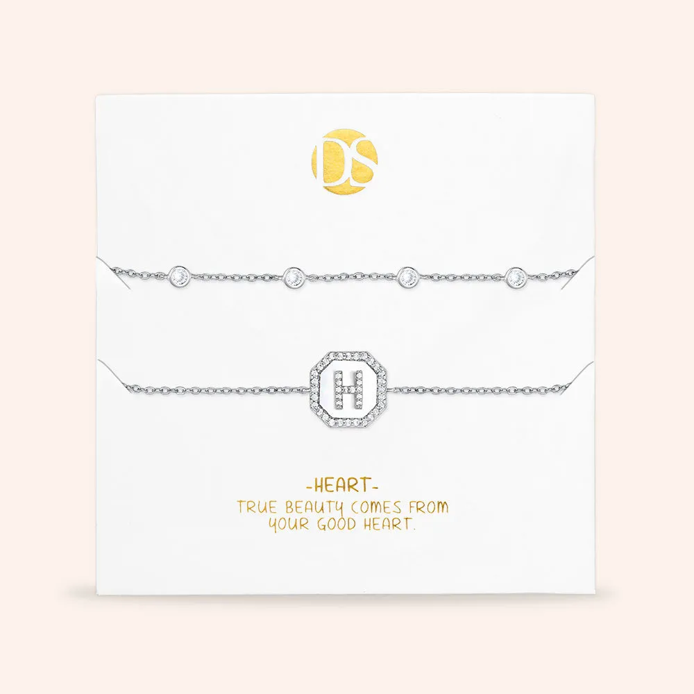 "Twin Token" Set of Two Initial Plate & Station Pull-tie Bracelets