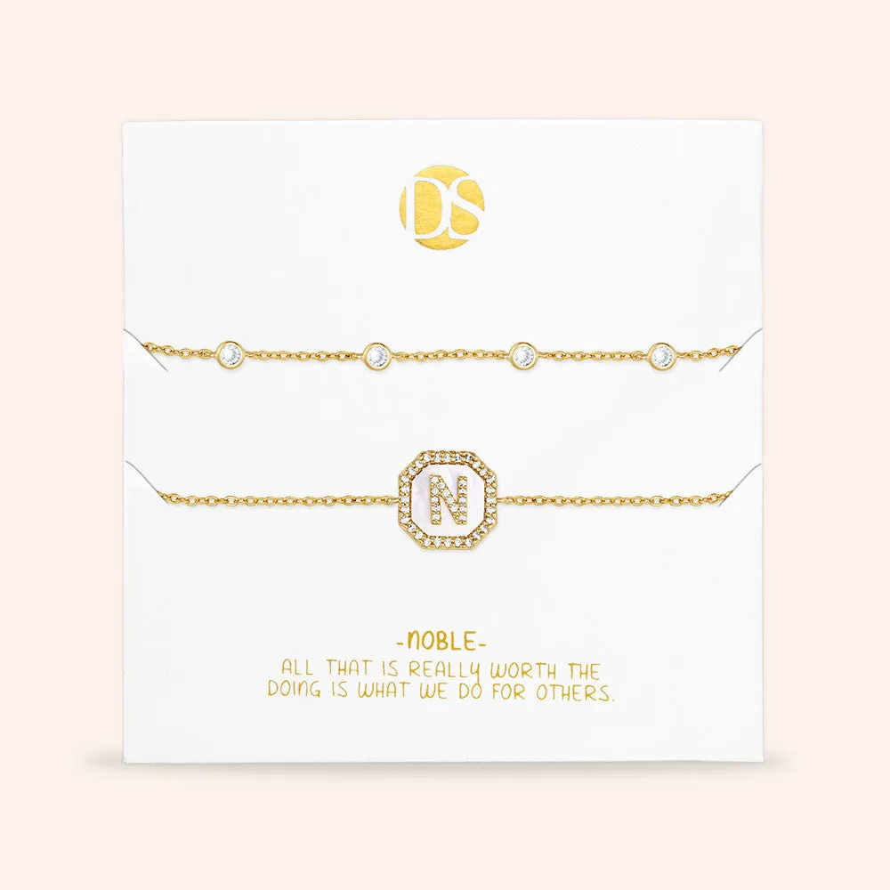"Twin Token" Set of Two Initial Plate & Station Pull-tie Bracelets