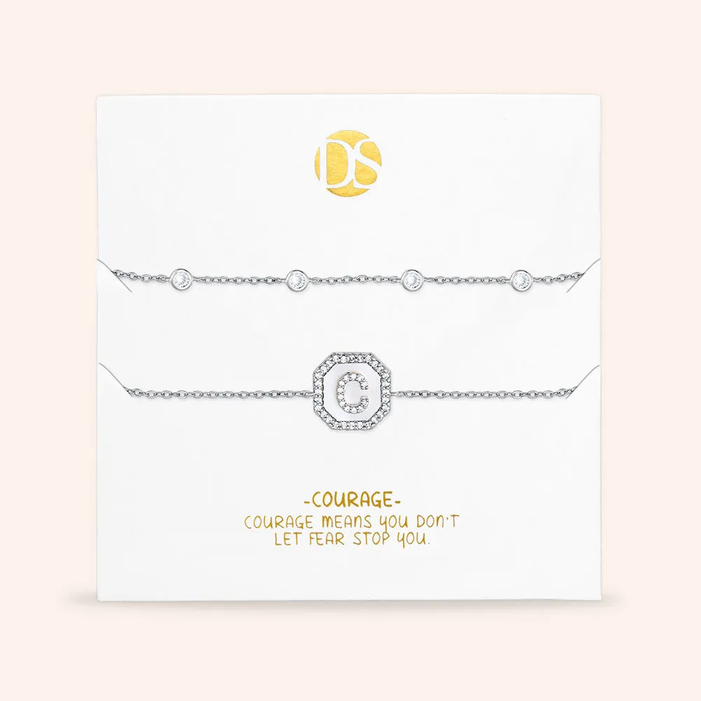 "Twin Token" Set of Two Initial Plate & Station Pull-tie Bracelets