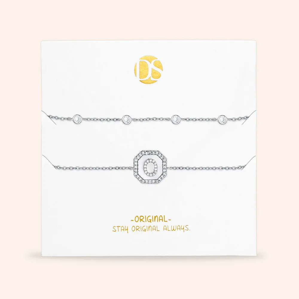 "Twin Token" Set of Two Initial Plate & Station Pull-tie Bracelets
