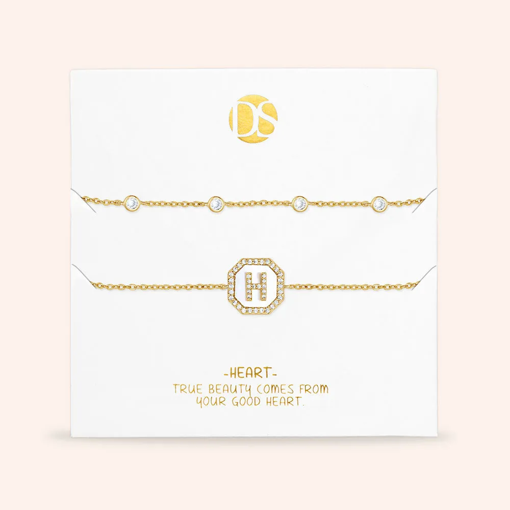 "Twin Token" Set of Two Initial Plate & Station Pull-tie Bracelets
