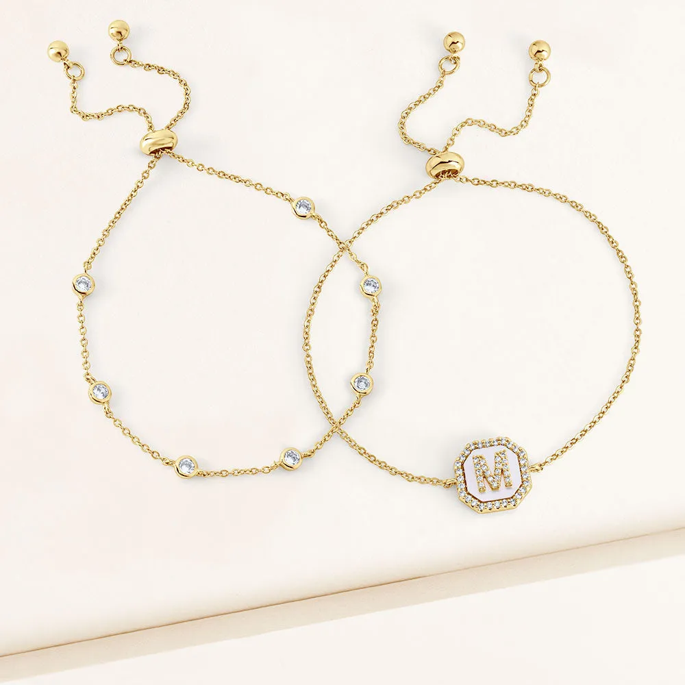"Twin Token" Set of Two Initial Plate & Station Pull-tie Bracelets
