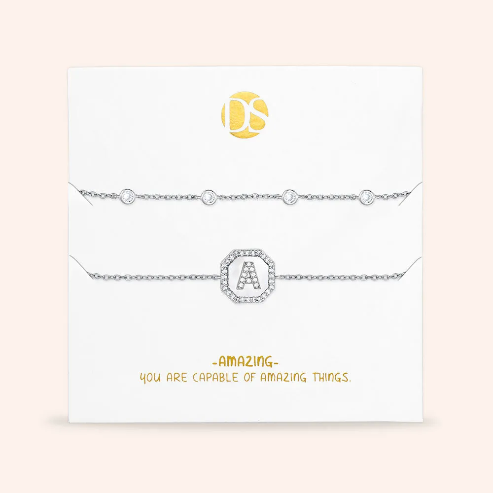 "Twin Token" Set of Two Initial Plate & Station Pull-tie Bracelets