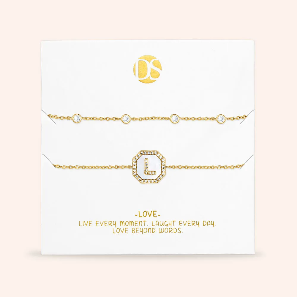 "Twin Token" Set of Two Initial Plate & Station Pull-tie Bracelets
