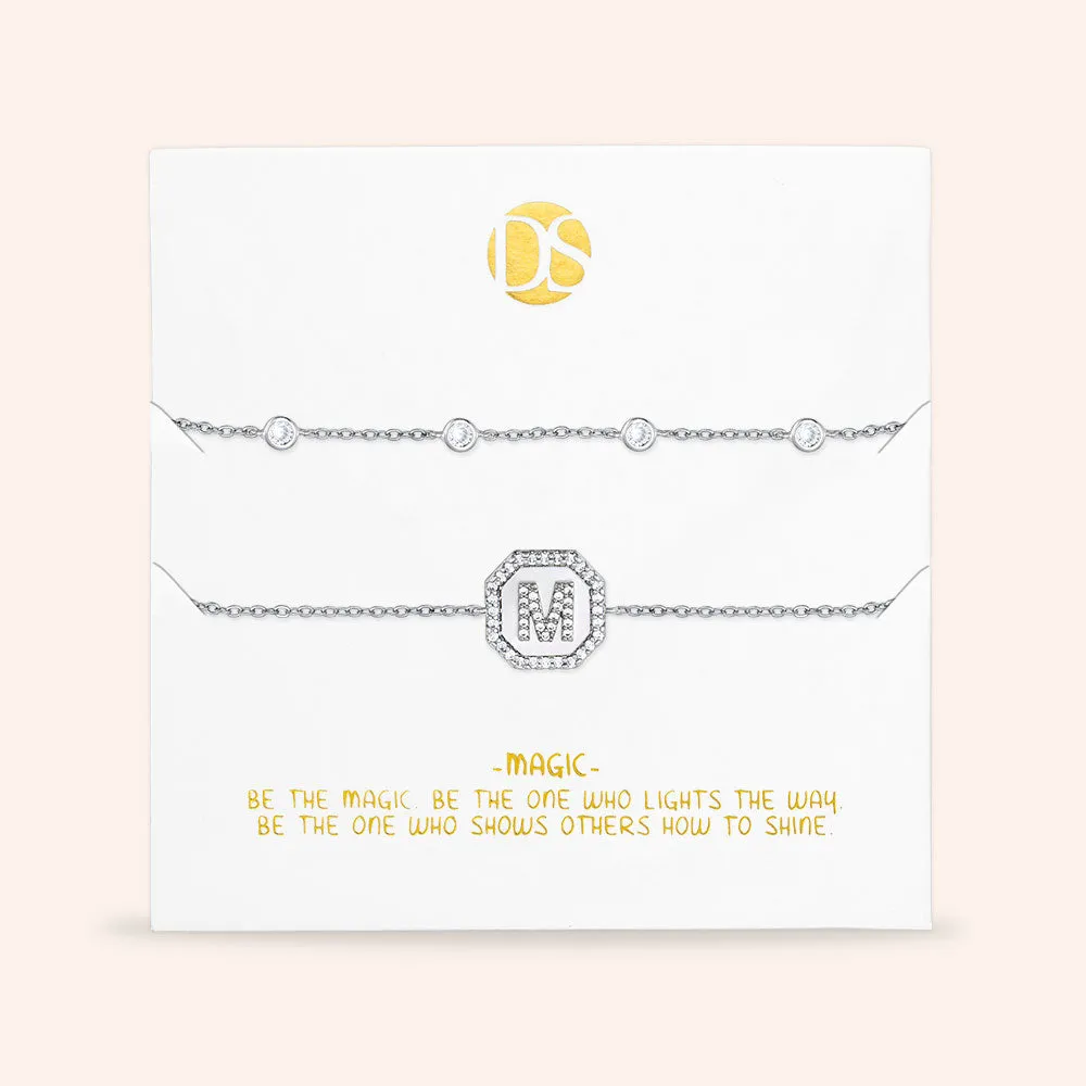 "Twin Token" Set of Two Initial Plate & Station Pull-tie Bracelets