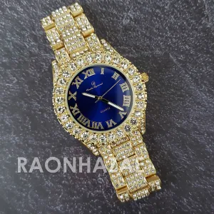 Raonhazae Hip Hop Iced Lab Diamond 14K De La Soul Gold Plated Black Face Watch with Stones