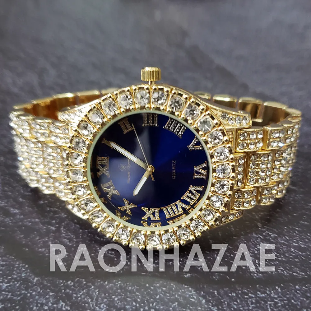 Raonhazae Hip Hop Iced Lab Diamond 14K De La Soul Gold Plated Black Face Watch with Stones