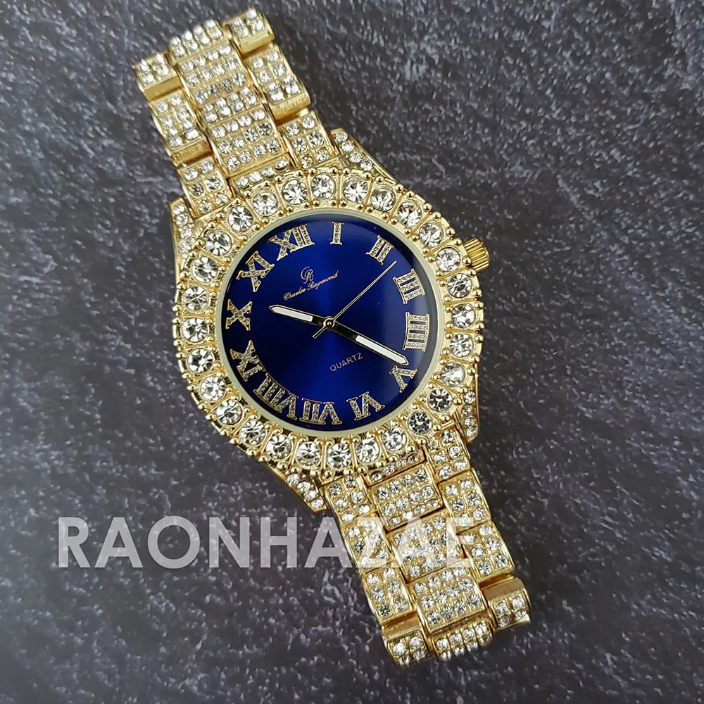 Raonhazae Hip Hop Iced Lab Diamond 14K De La Soul Gold Plated Black Face Watch with Stones