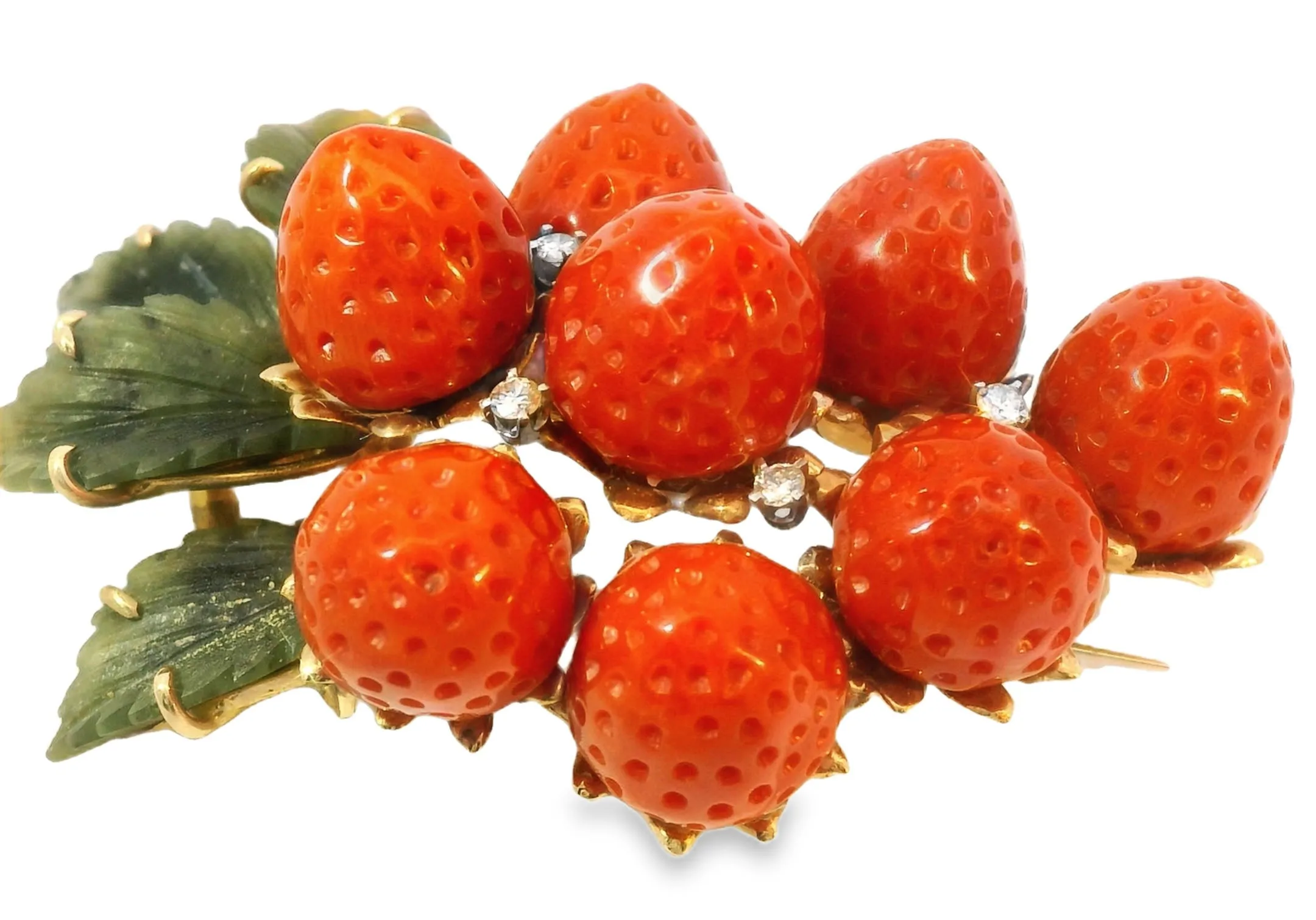 Rare 14K Gold Designer Carved Undyed Red Coral Strawberry Diamond Brooch Pendant