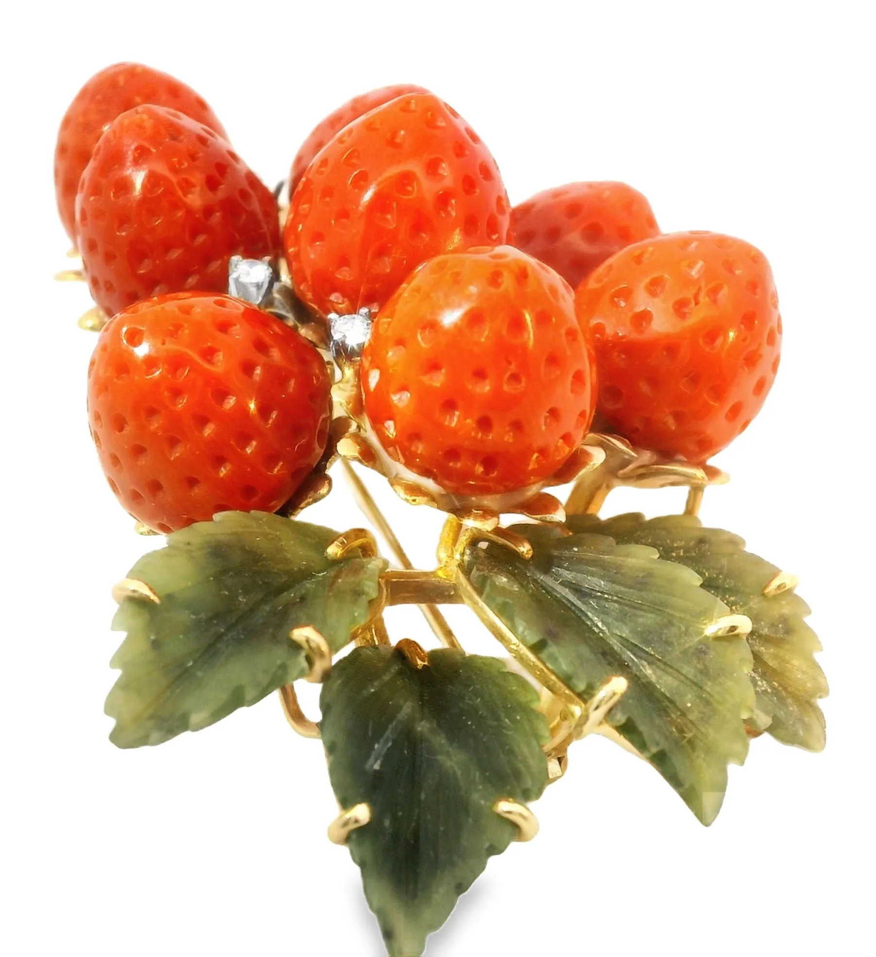 Rare 14K Gold Designer Carved Undyed Red Coral Strawberry Diamond Brooch Pendant